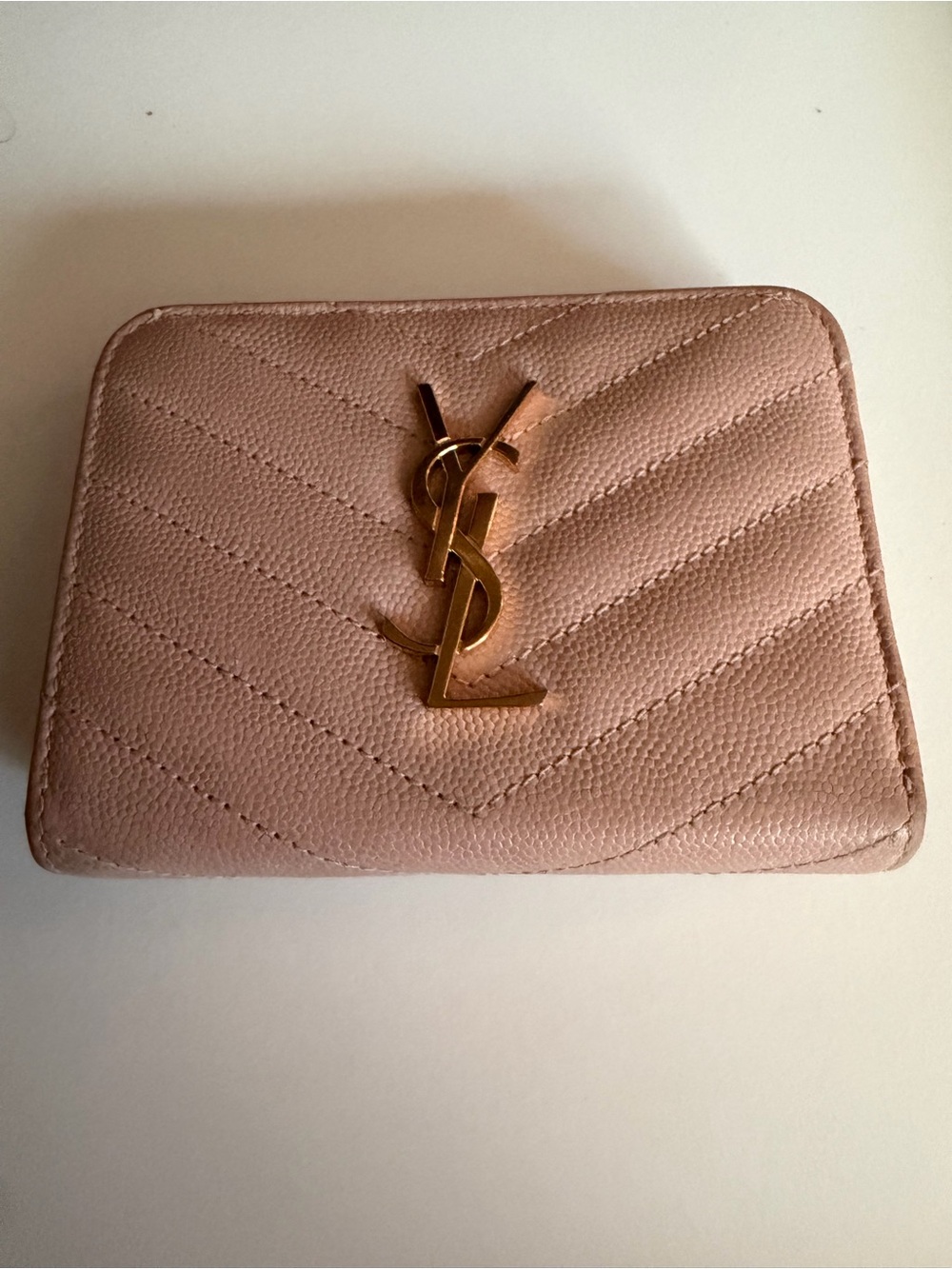 Saint Laurent Quilted Leather Card Holder in Blush Pink with Gold YSL Logo